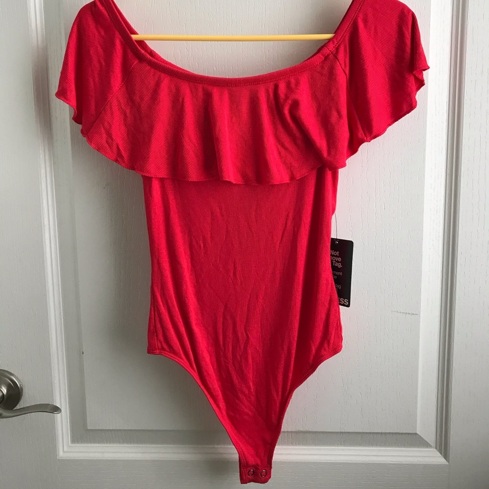 Off shoulder ruffle thong body suit
